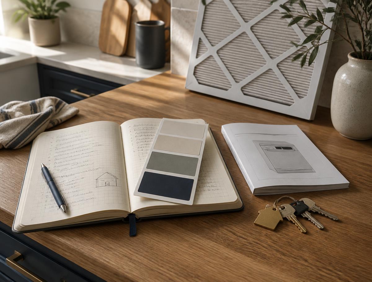 Handwritten property notes, paint swatches, an appliance manual, keys, and an HVAC filter