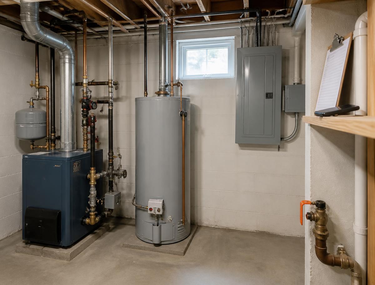A residential mechanical room with boiler, water heater, electrical panel, and marked water shutoff